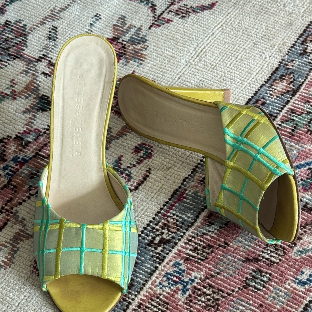 Bottega Veneta Yellow and Green Mules with Geometric Pattern
